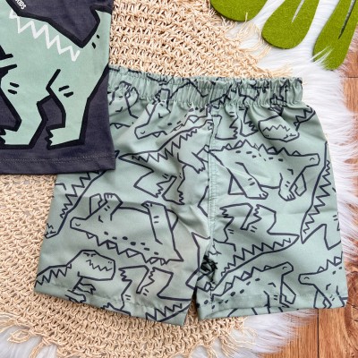 Conj. Regata Pronto para Rugir e Bermuda Dino - Chumbo e Verde